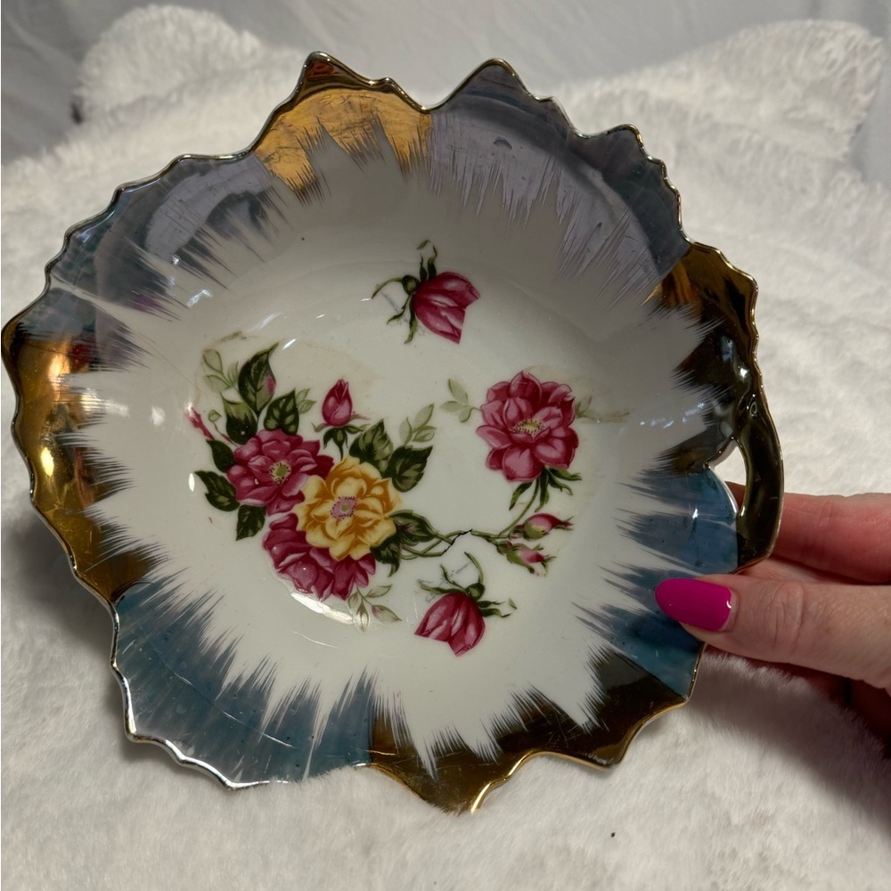 Trimont Ware Floral Gold Trim Hand Painted Bowl Trinket Coffee Table DishVintage